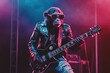 © Nico - Rockstar Monkey: A monkey in a leather jacket, ripped jeans, and sunglasses, holding an electric guitar on a stage