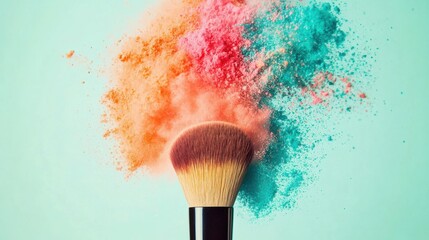 Vibrant color powder bursts from a makeup brush creating a stunning explosion against a soft background