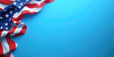 The american flag against a blue background, symbolizing national pride and freedom, perfect for patriotic events. Banner. Flat lay, top view. Copy space. Mock up.