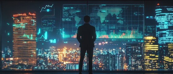 Canvas Print - Silhouette of a Person in a Futuristic City Skyline with Holographic Data Displays