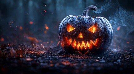 Glowing Halloween Pumpkin In Smoke And Embers