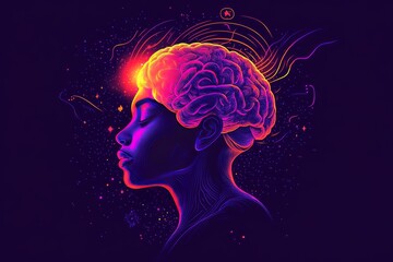 Poster - Vibrant neon digital art of a human head with swirling energy symbolizing the dynamic flow of ideas creativity and the limitless potential of the mind in a futuristic abstract world