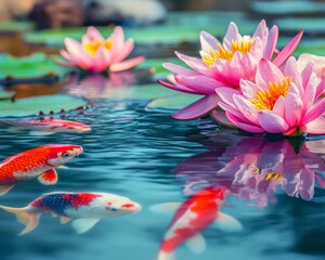 Sticker - Beautiful lotus flowers and koi fish in the water pond.