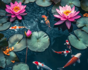 Sticker - Beautiful lotus flowers and koi fish in the water pond.