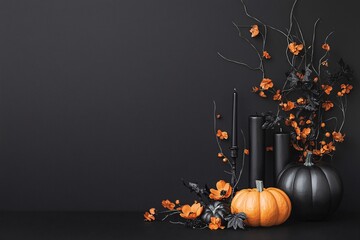 A dark, elegant floral centerpiece with black and orange flowers, surrounded by candles and subtle Halloween decorations, with a black background and ample copy space.