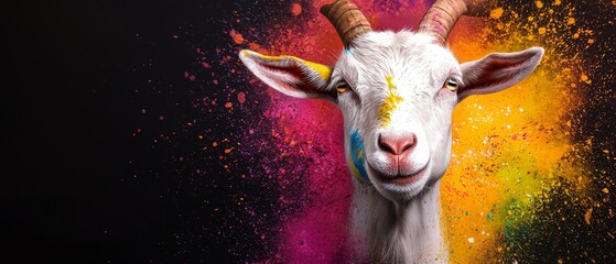  A tight shot of a goat's face adorned with multicolored paint splatters