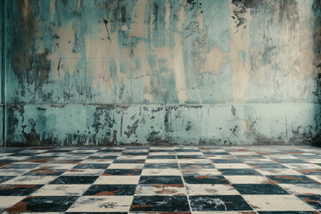 Weathered blue wall with black and white checkered floor