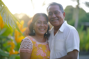 Elderly couple embracing with genuine smiles outdoors