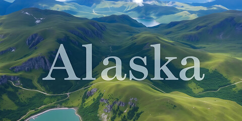 aerial view of lush green mountain and water landscape, with typography Alaska