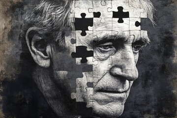 Poster - Black and white image of an elderly man with missing puzzle pieces from his face representing the challenges of memory loss aging and the emotional impact of cognitive decline