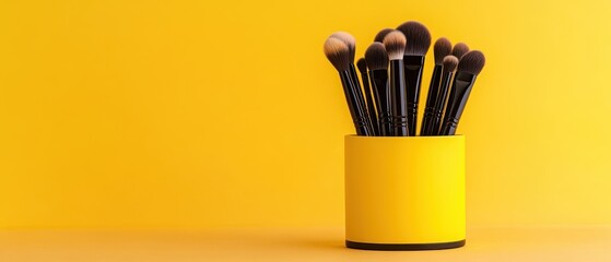 Canvas Print - Assorted Makeup Brushes in a Yellow Holder