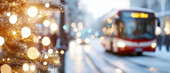 Wall Mural -  A red bus drives past a Christmas tree, aglow with lights, as people stroll along the sidewalk