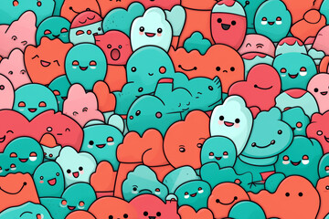 A cheerful pattern of cute cartoon characters in red, blue and pink colors.