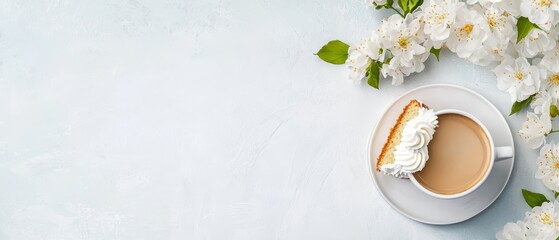  A cup of coffee and a slice of cake on a saucer, white flowers against a light blue background