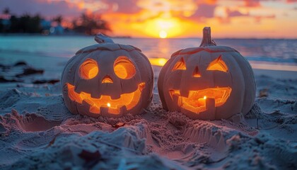 Two glowing pumpkin lanterns on a sandy beach at sunset, creating a unique Halloween atmosphere with a tropical twist.