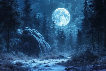 ethereal moonlit forest a serene winter night scene with a full moon glowing over a frozen stream an