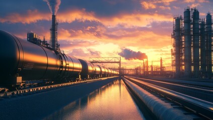 Oil and gas industry, oil plant with pipes and a glowing sun at sunset sky background