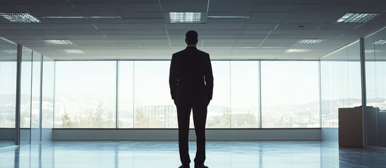 Wall Mural - A Man in Suit Standing in an Empty Office Looking Out the Window