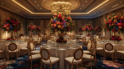 Grand Banquet Hall Adorned with Round Tables and Vibrant Floral Displays