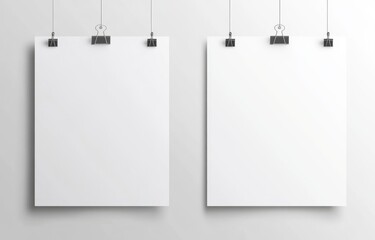 Wall Mural - White poster mockup with clips hung up with two blank white posters