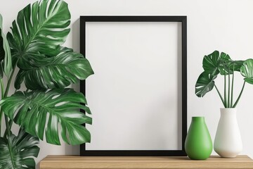 Wall Mural - Stock photo of black photo frame on greenery shelf. Blank mockup template of signage.