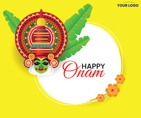 Wall Mural - Vibrant Onam Greeting Card with Kathakali Face and Yellow Background for Festive Wishes