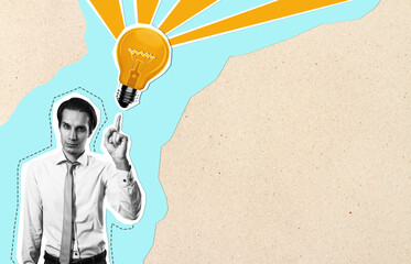 Poster - Thoughtful young businessman pointing at abstract drawn lightbulb on light cartoon background with mock up place. Idea and innovation concept.