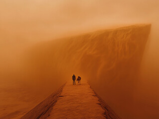 A man stands on a sand dune, silhouetted against a sunset sky,