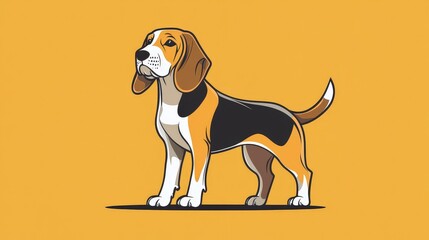 Wall Mural - A cartoon-style illustration of a beagle dog standing proudly against a yellow background.