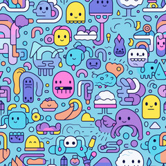 A seamless pattern featuring whimsical characters, abstract shapes, and cheerful colors on a light blue background.