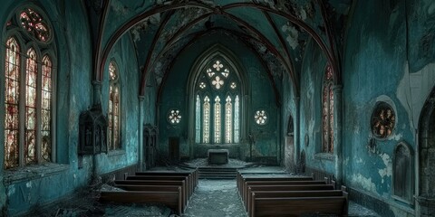 Wall Mural - A crumbling church interior with stained glass.