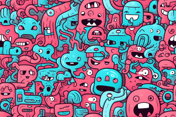 A seamless pattern of cute cartoon monsters in pink and blue.