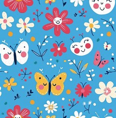 Wall Mural - Whimsical butterfly and floral pattern with smiling animal faces, colorful flowers, and hearts on a blue background Generative AI