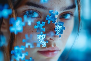 Canvas Print - A close up of a young woman’s face with puzzle pieces forming her brain symbolizing the complexity of identity self reflection and cognitive processes in a sharp futuristic digital artwork