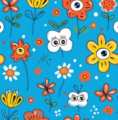 Wall Mural - Whimsical butterfly and floral pattern with large expressive eyes and colorful flowers on a dark blue background Generative AI