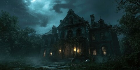 Wall Mural - Dark, eerie house with rain and fog.