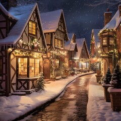 Wall Mural - Christmas and New Year holidays in european city. Christmas street with houses at night.