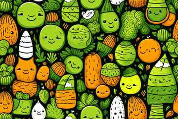 A seamless pattern with cute green and orange cartoon characters with happy faces on a black background.