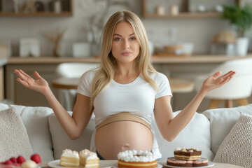 Canvas Print - Pregnancy No Food - Pregnant Woman Sitting On The Sofa Refuses Delicious Slices Of Cakes And Makes Stop Gesture