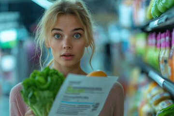 Sticker - Rising Food Prices. Surprised Woman Looking To A Paper Check At The Mall, Holding A Paper Bag With Fresh Vegetables