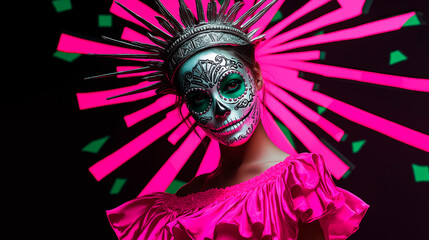 A girl dressed as gothic Calavera Catrina during the Mexican Day of the Dead celebration. Hyper-realistic fashion photo, high quality.