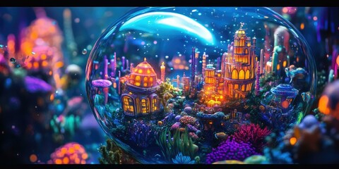 Wall Mural - A glowing city trapped in a giant blue bubble.