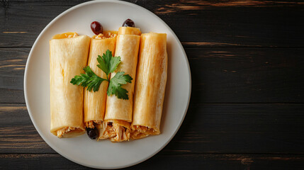 White plate on a black wooden table holds four enchiladas topped with parsley and olives