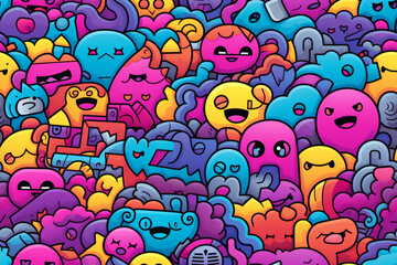 Colorful and vibrant doodle background with various shapes, characters, and patterns.