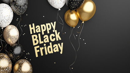 Wall Mural - Elegantes Black Friday Layout. Goldene Schrift auf schwarzem Hintergrund strahlt Luxus aus. Festliche Luftballons ergänzen das Design. Perfekt für exklusive Werbung