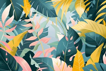 Wall Mural - Vibrant tropical foliage with lush greens and warm yellows.