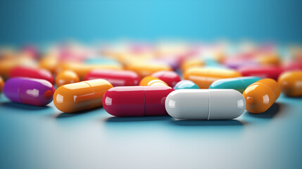 colorful capsule and oval pharmaceutical pills, featuring a close-up icon set of tablets and capsule