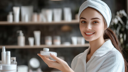 Canvas Print - A woman in a towel holding up some sort of container, AI