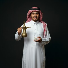 Saudi man holding dallah and pours Arabic coffee to guests in guest room
