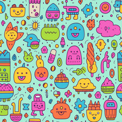 Wall Mural - Seamless pattern with cute cartoon characters, abstract shapes and symbols on blue background.